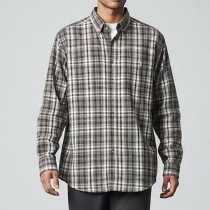 Wrangler Rugged Wear Plaid Button Down Shirt Mens XL Blue Brown Workwear Relaxed